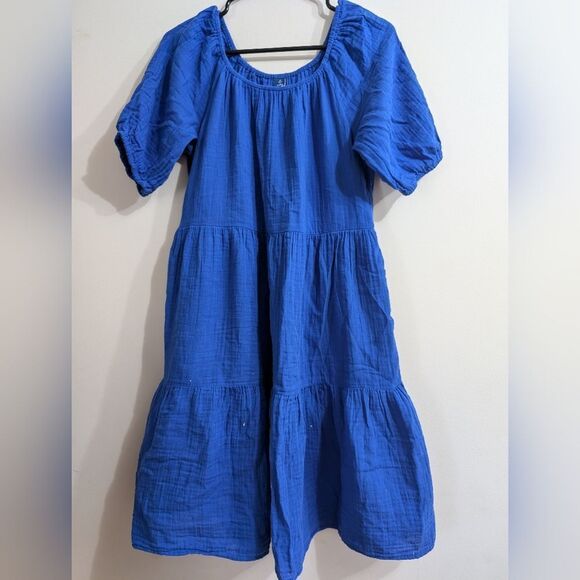 Old navy 💯 Cotton gauze Puff-Sleeve Tiered Mini Swing Dress blue size - Picture 10 of 12